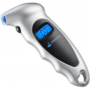 Meidong Digital Tire Pressure Gauge 150 PSI 4 Settings Car Truck Bicycle Backlit LCD Non-Slip Grip, Silver (1 Pack)